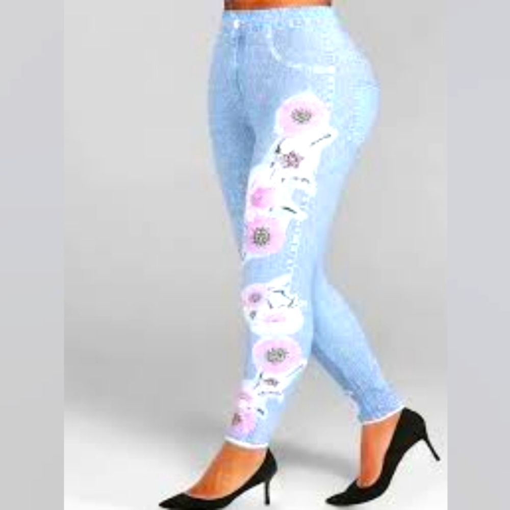 Plus Size Casual Leggings, Women's Plus Floral & Denim Print High Waist SZ.2XL